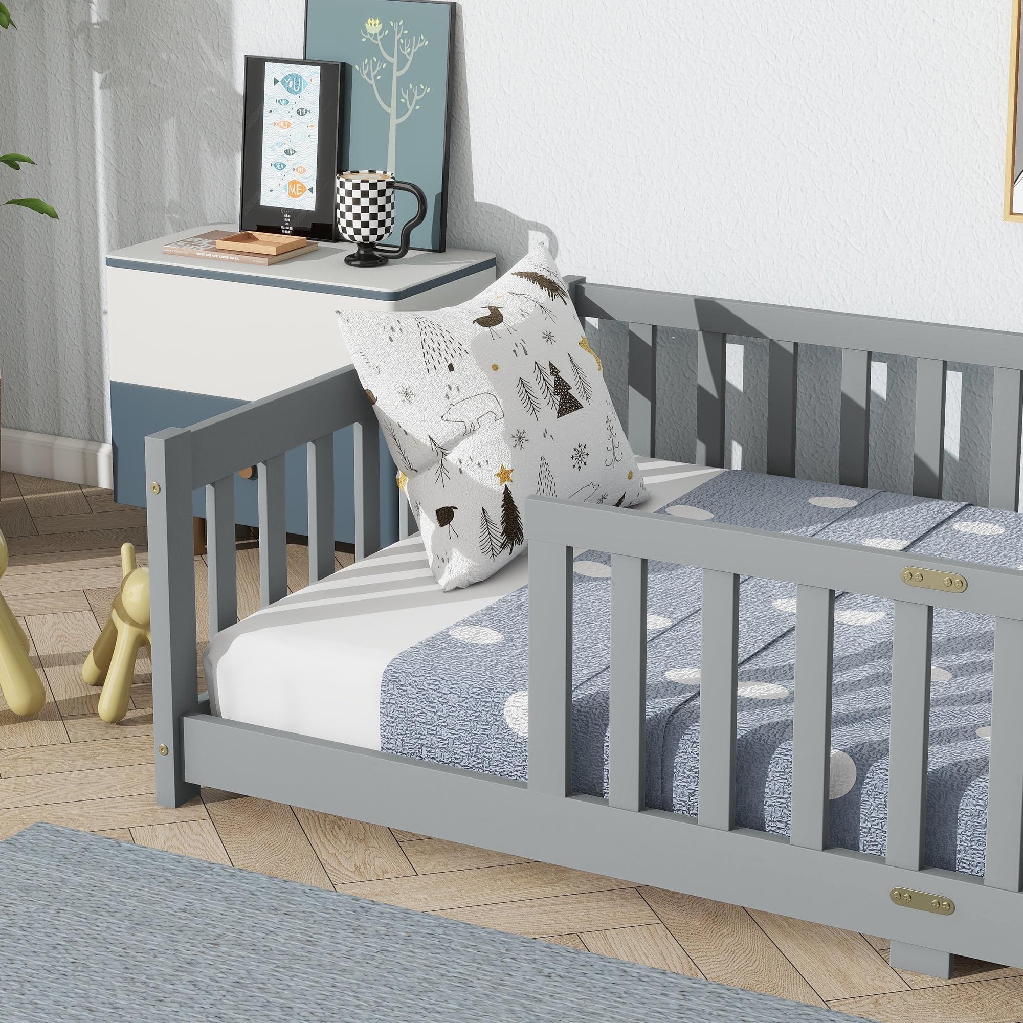 Miniyam Wooden Twin Size Floor Bed with Safety Fence for Kids, Gray