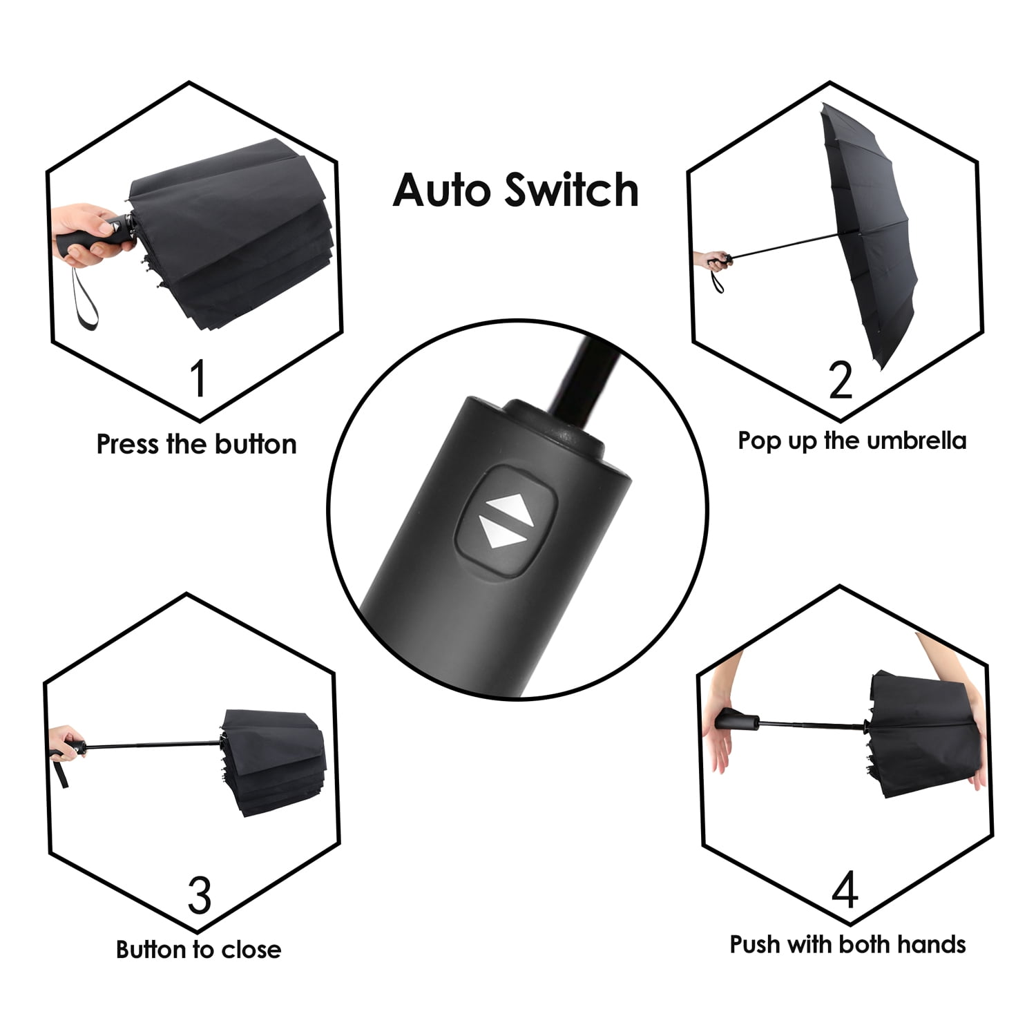 gastropod JIGUOOR 12 Ribs Wood Handheld Folding Umbrella Windproof Compact Travel,Auto Open/Close Large Rain Umbrellas w/Teflon Coating, Ergonomic Handle FREE Leather Case for Mens Women