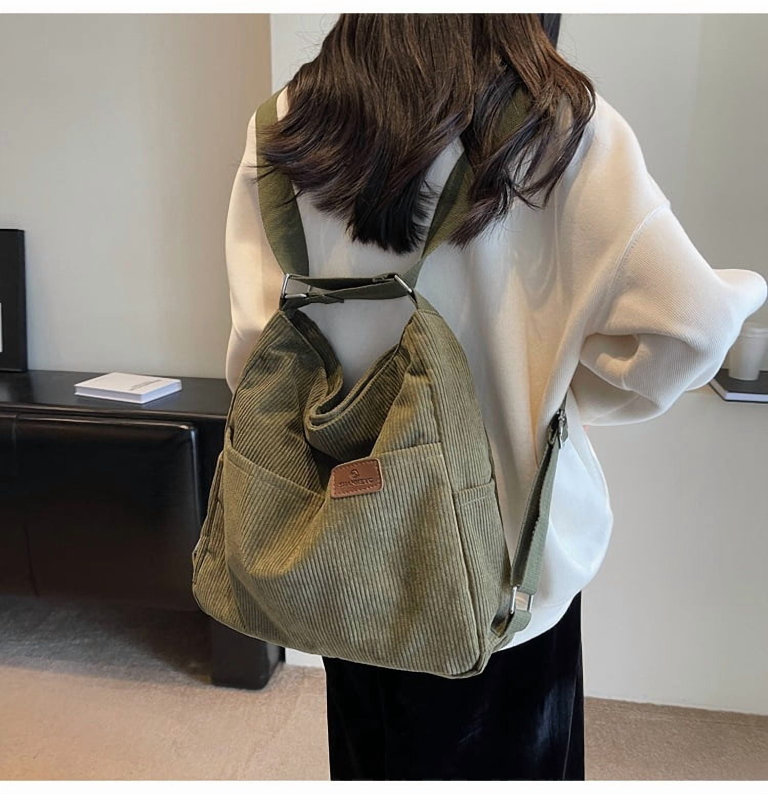 Kwuty Corduroy Tote Bag for Women Convertible Backpack Purse Crossbody Hobo Shoulder Bag with Multi Pockets Compartments