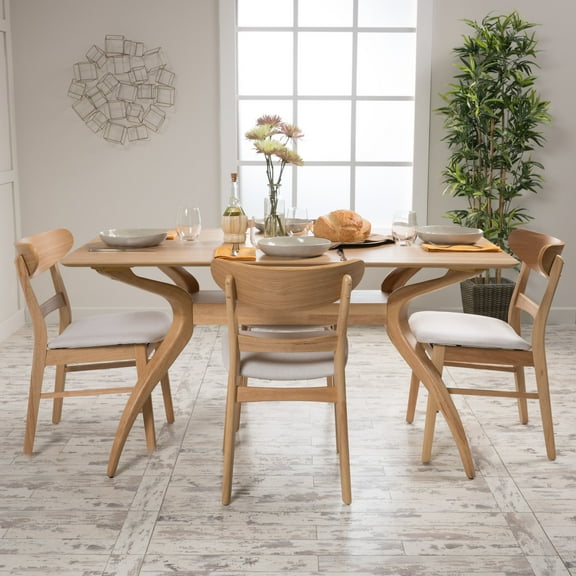 Noble House Lydia Mid-Century Modern 5 Piece Dining Set, Light Beig and Natural Oak