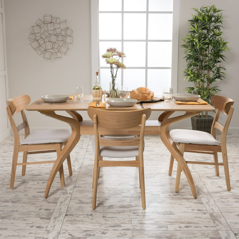Noble House Lydia Natural Oak Wood Light Beige 5 Piece Dining Set
