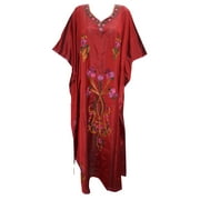 Mogul Women's Housedress Kashmiri Embroidered Maroon Maxi Caftan House Dresses XXXL