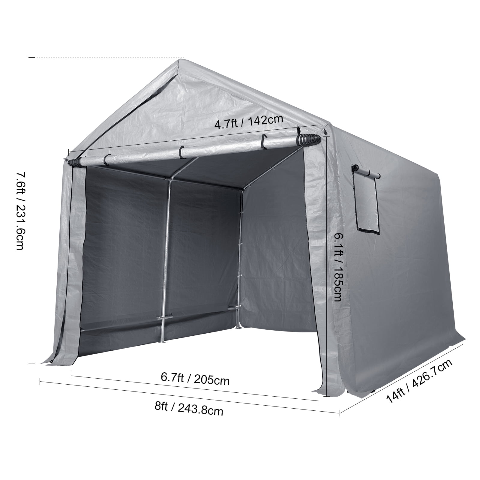 KFFKFF Portable Storage Shelter Garage Storage Shed 8 x 14 x 7.6 ft & Zipper Door,Made with Galvanized Steel Poles and Three Layers of 240G PE Cover,Provide Excellent Ventilation