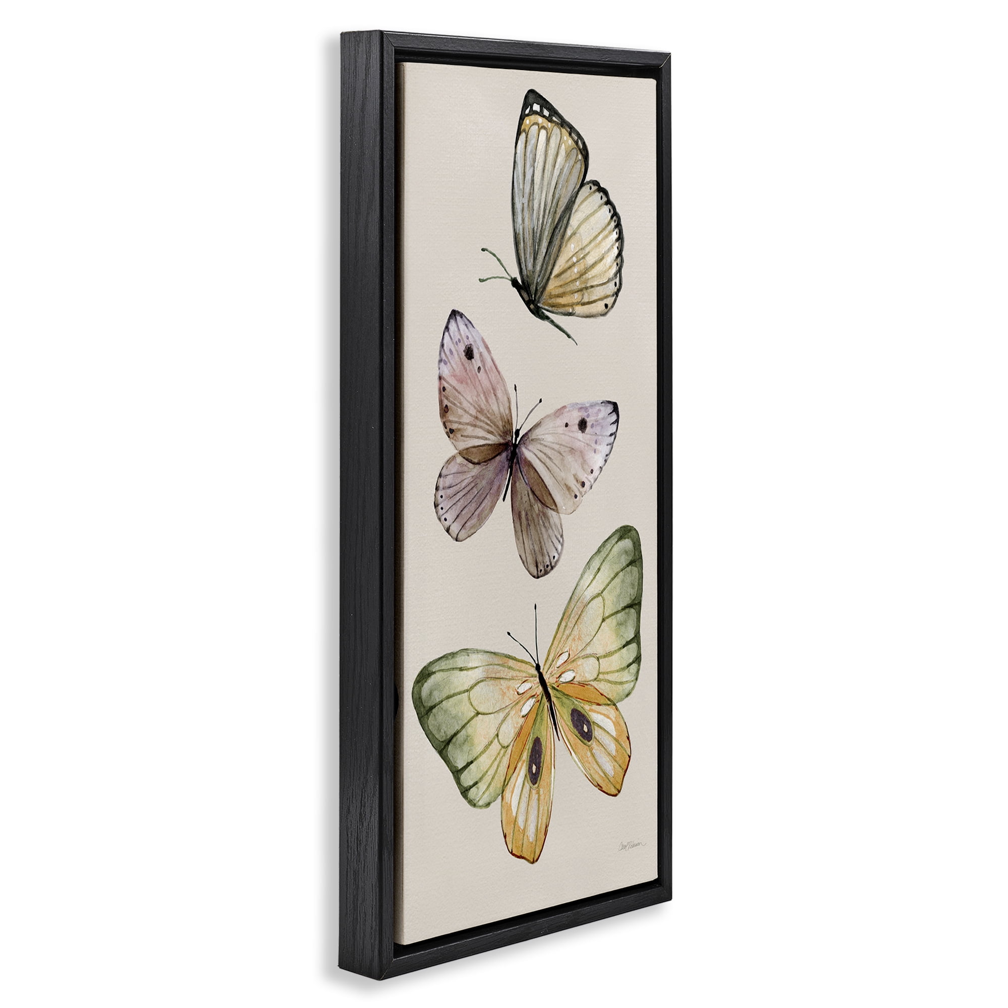 Stupell Industries Fluttering Butterfly Trio Animals & Insects Painting Black Floater Framed Canvas Art Print Wall Art, 15 x 31