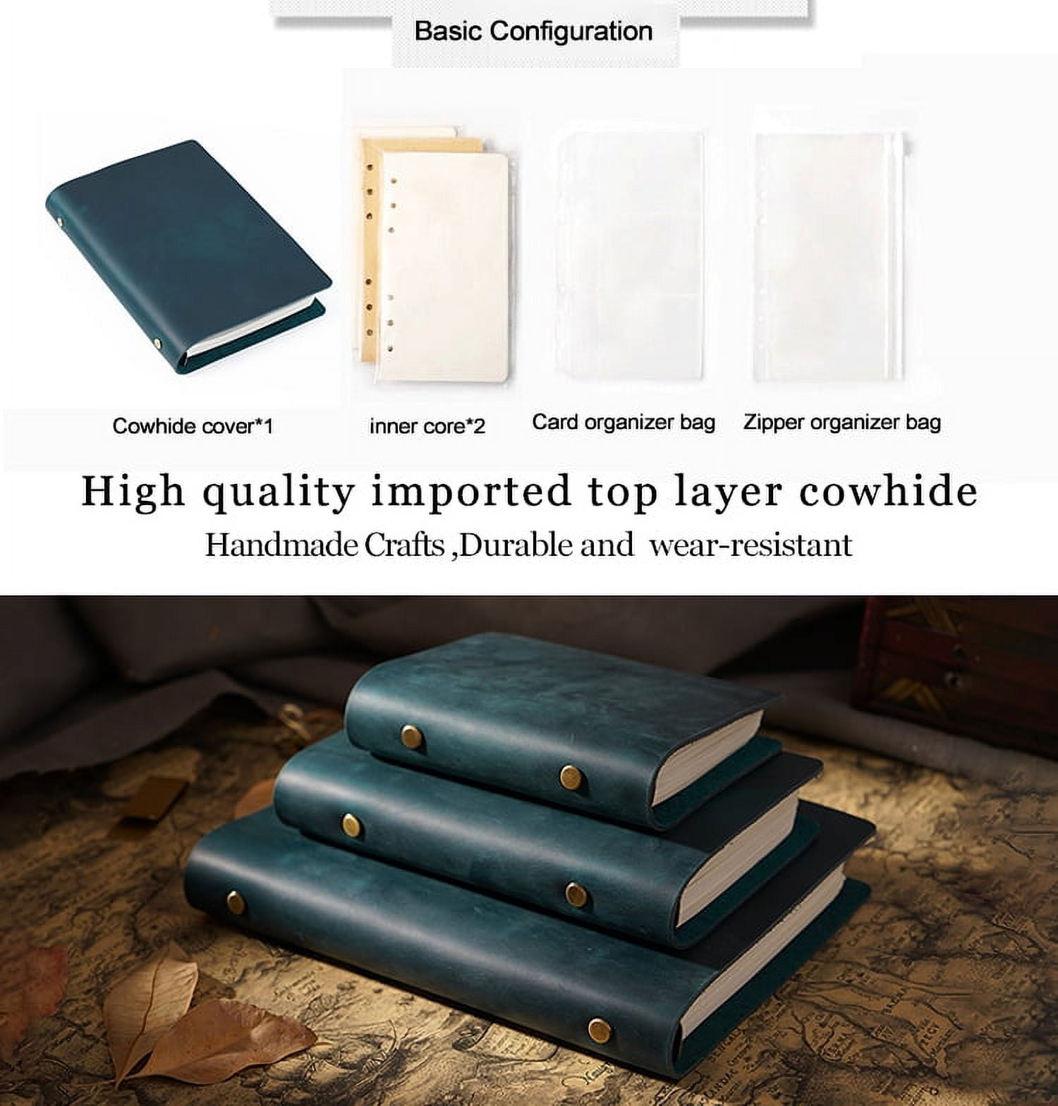 KISSKI·H Olvido Leather Journal Writing Book, A5 Travelers Diary Notebook with Lined, 6 Ring Binder Refillable A5 Notebook, Leather Bound Daily Notepad for Women/Men, Personal/Business Gift, Blue