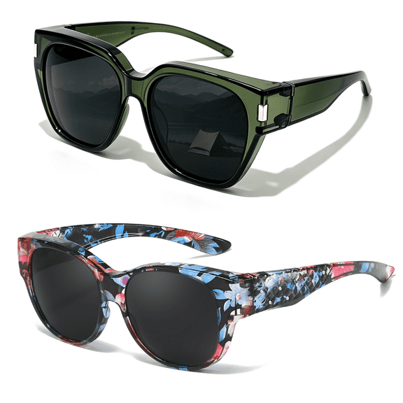 2pack Elegant Ladies Oversized Square Sunglasses Transparent Green Frame and Floral Printed Rhinestone Temples Polarized UV400 Fashion Eyewear