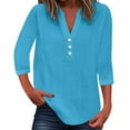thumbnail image 1 of Top liso de mujer con cuello en V, botones y manga 3/4 - Estilo informal elegante, tejido de poliéster ligero, 1 of 8