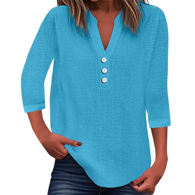 Top liso de mujer con cuello en V, botones y manga 3/4 - Estilo informal elegante, tejido de poliéster ligero