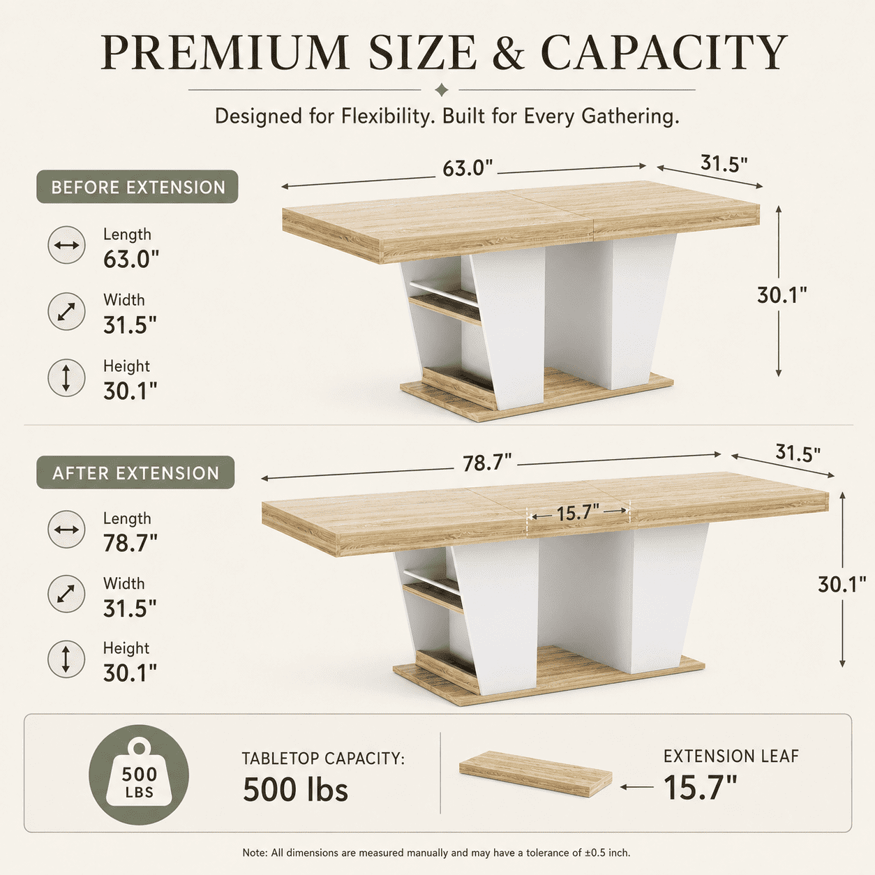 Aukfa 63"-78.7" Extendable Dining Table for 8-10 with Storage, Natural/White