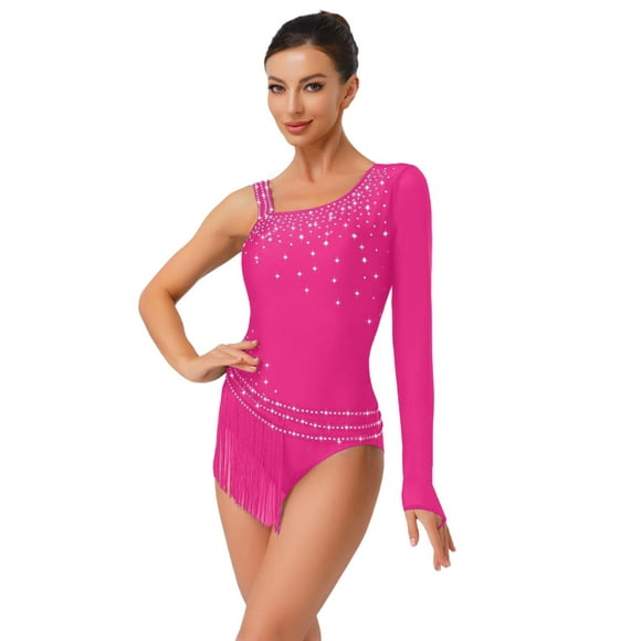 TiaoBug Justaucorps de Gymnastique pour Femmes à Strass, une Épaule, Manches Longues, à Franges, Costume de Patinage Artistique, Rose Vif, G