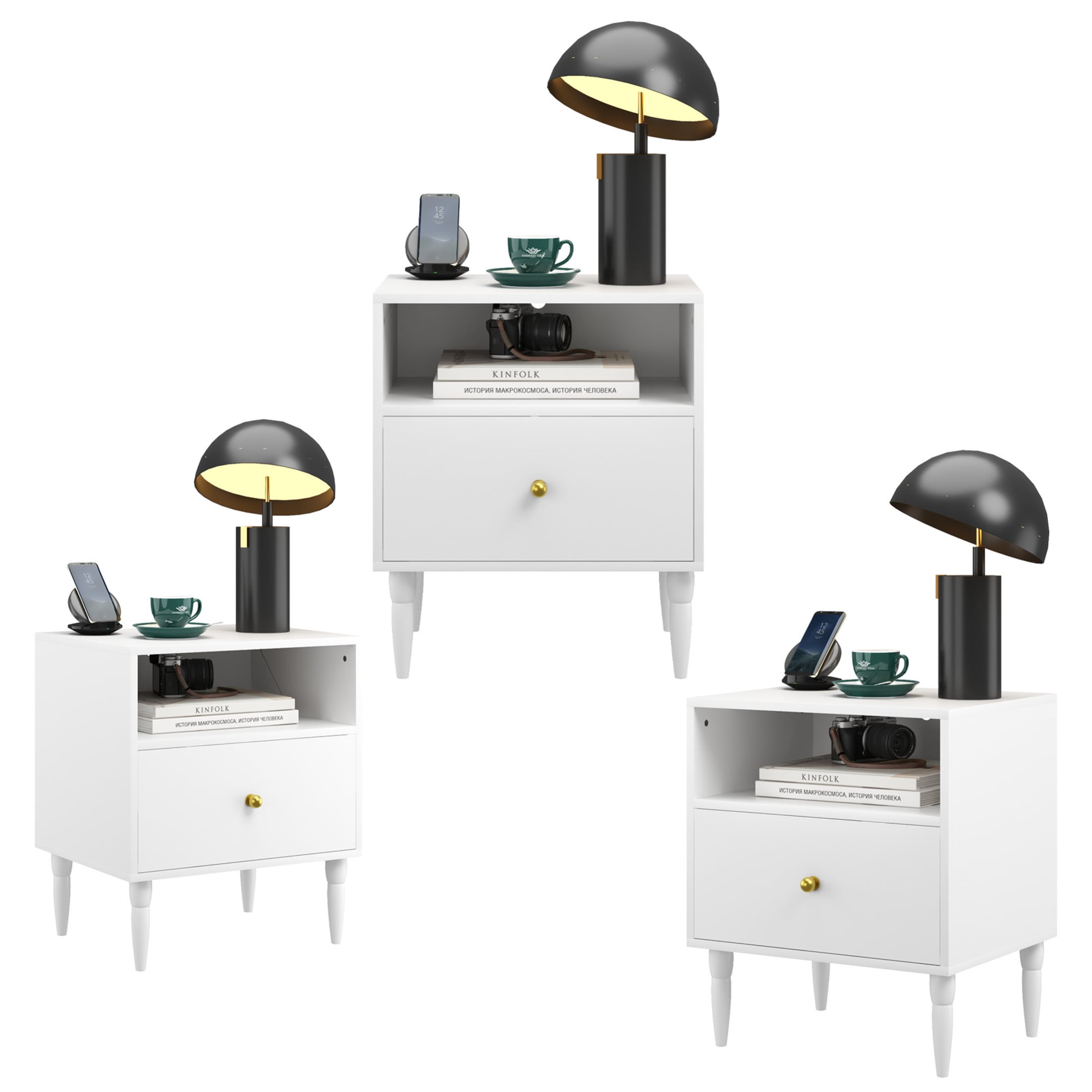 Noble House 20" Nightstand with Drawer and Open Shelf, Modern Bedside Table, Small End Table for Bedroom, White