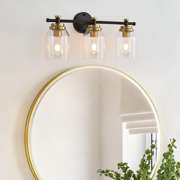Black and Gold Bathroom Vanity Light - 3-Light Vintage Fixture with Clear Glass Shades