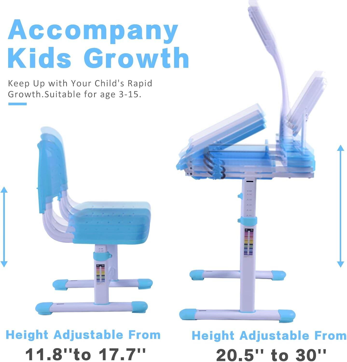 Kids Desk and Chair Set with Adjustable Height, Tiltable Desktop, LED Light & Storage - Blue Study Desk for Children Ages 3-15, Ergonomic Art & Homework Station