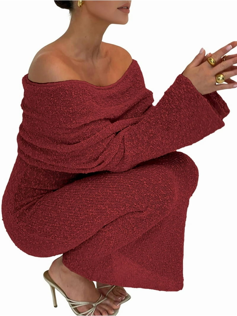 Women'S Fall Off Shoulder Bodycon Sweater Dress Formal Long Sleeve Elegant  Club Party Midi Maxi Dresses Wine Red S - Walmart.com