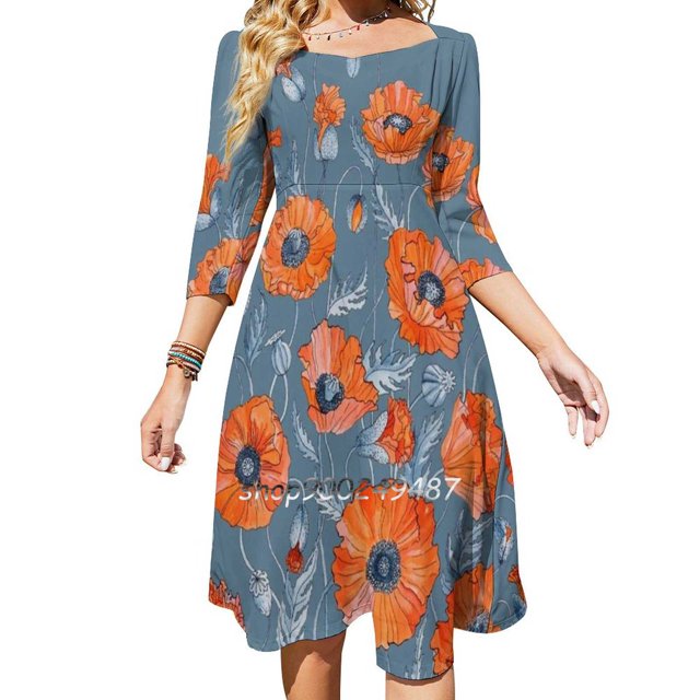 Vestido acampanado con estampado floral botánico de amapolas, vestido de cuello cuadrado, elegante vestido estampado de moda femenina, vestido botánico floral con flores rojas