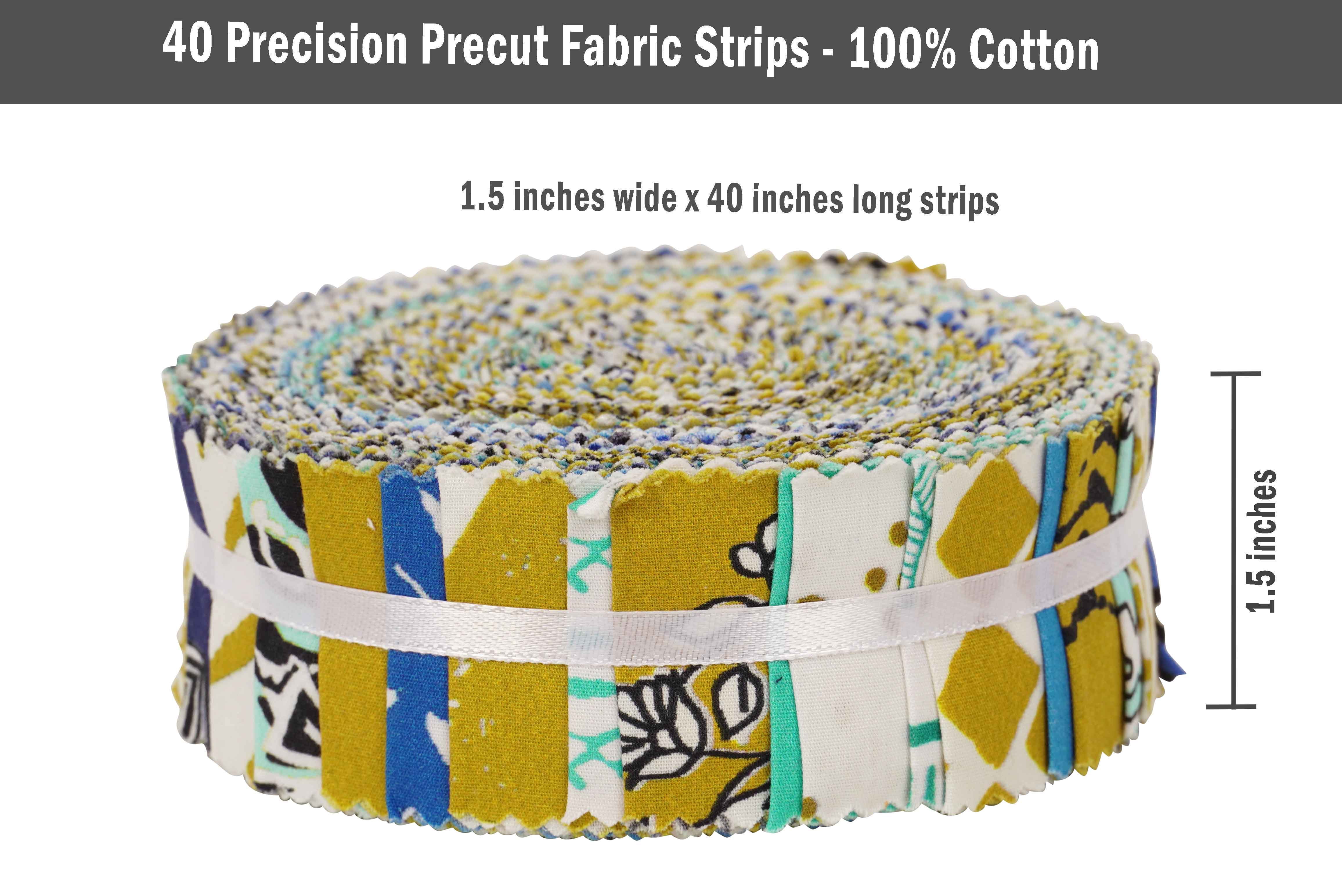 Soimoi 40Pcs Asian Block Print Precut Fabrics Strips Roll Up 1.5x42 inches Cotton Jelly Rolls For Quilting - Mustard, Blue, White