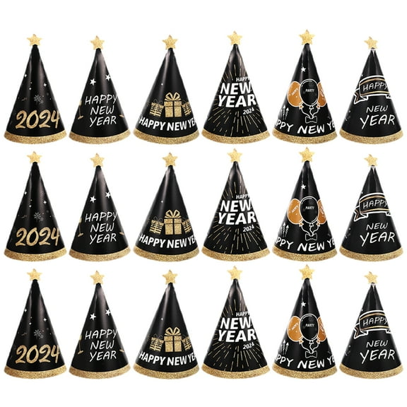 LOLIPPYY 18pcs 2024 Happy New Year Party Cone Hats, Paper Hats for New Year's Eve Celebration Supplies