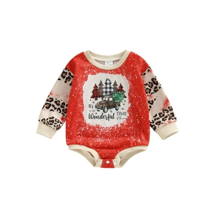 

Meihuida Baby Girls Boys Casual Romper Long Sleeve Leopard Christmas Tree Print Patchwork Playsuit