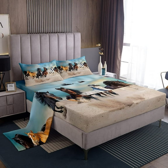 Erosebridal Horse Sheet Set Six Running Wild Horses Bed Sheet Teens Adult, Farm Animal Bed Sheet Set 3Pcs Western Cowboy Fitted Sheet, Farmhouse Flat Sheet, Rustic Decor 1 Pillow Case, Twin