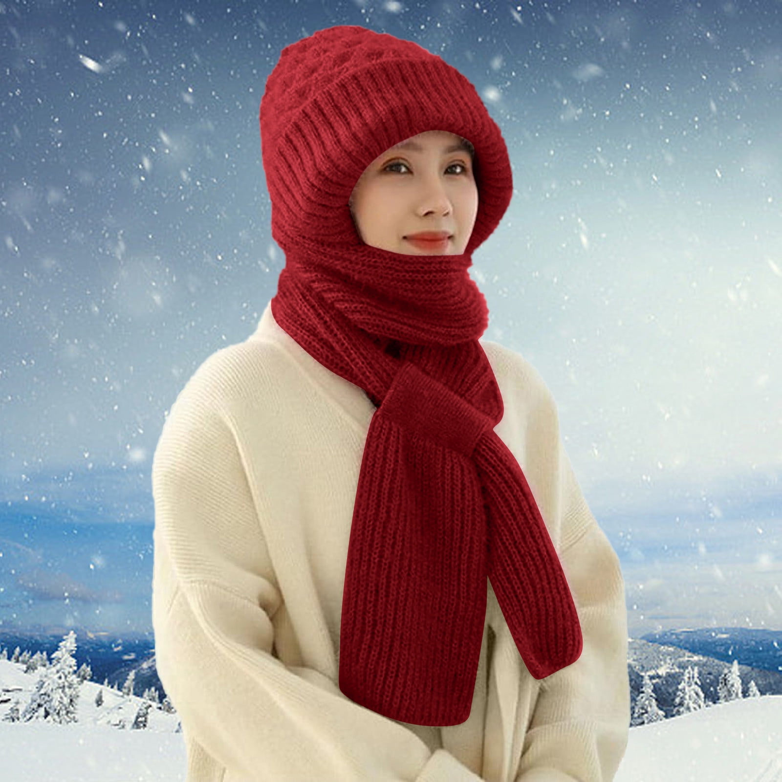Tanhomme Winter Ski Covers, Fleece Face-Cover Hat Neck Windproof Hooded Scarf Cold Weather Warm Face-Cover Integrated Ear Windproof Cap Scarf Winter Warm Knitted Hat Scarf Thickening Hat Scarf
