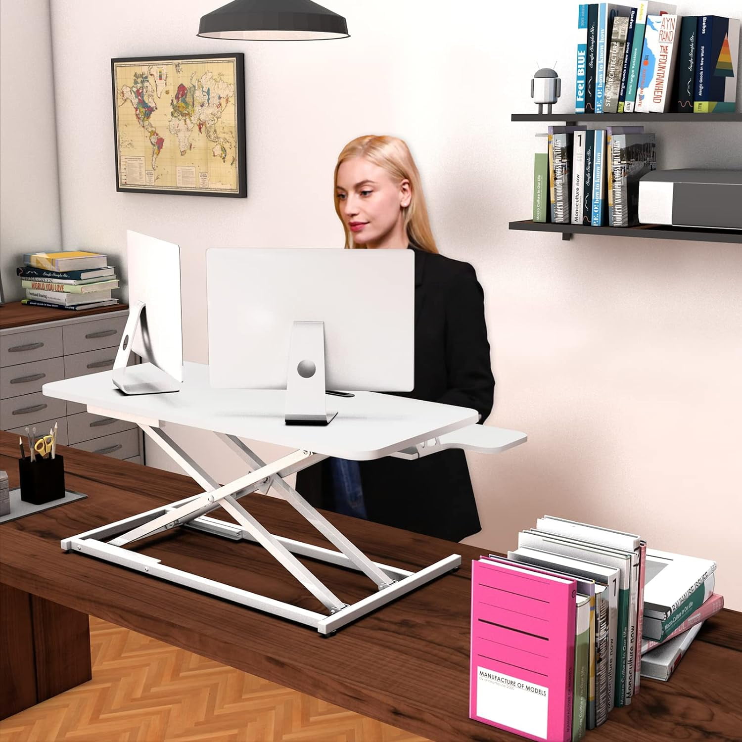 SUSUZI 37" Standing Desk Converter, 2 Tier Height Adjustable Sit Stand up Desk Riser, White
