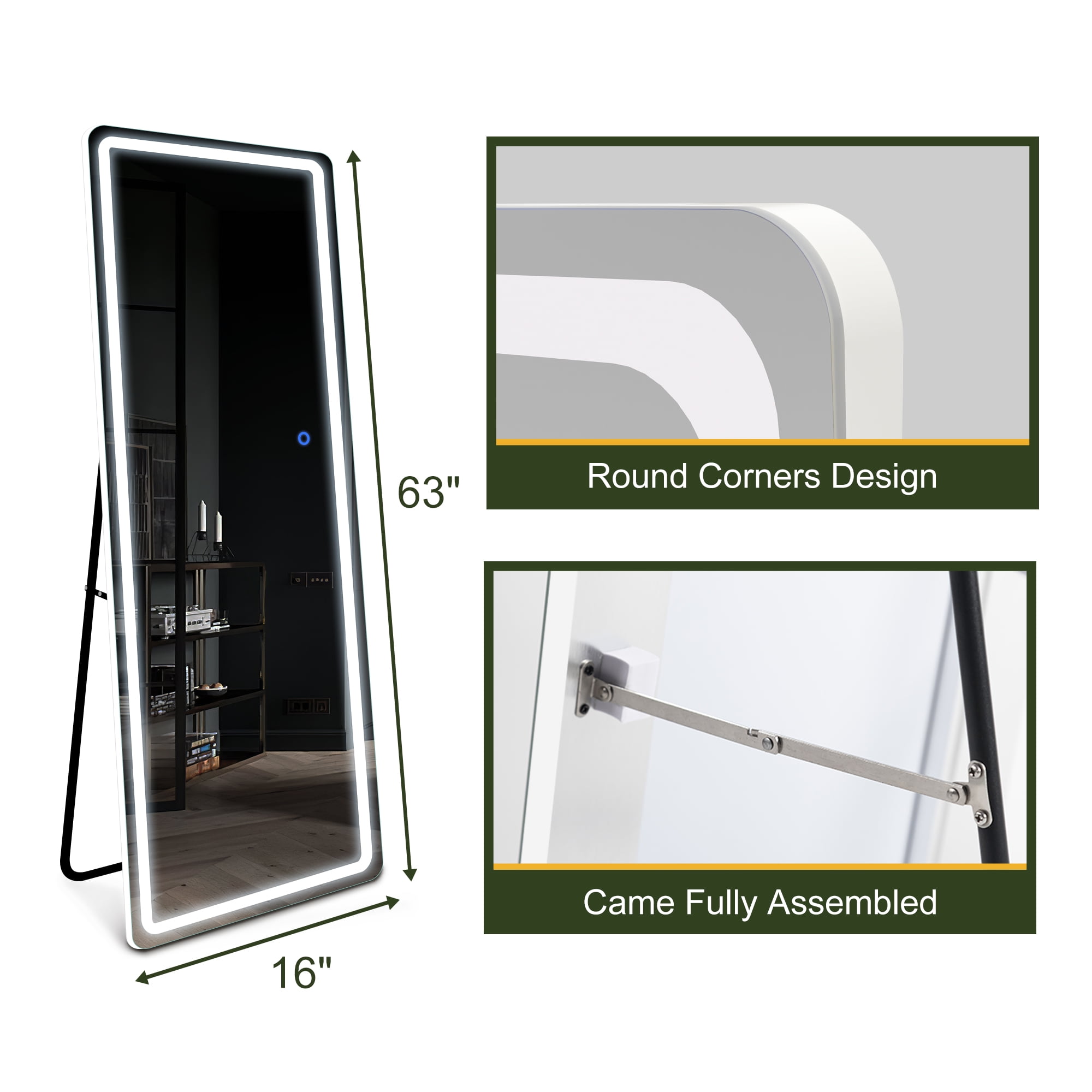 63"x16" Modern LED Floor Mirror Aluminum Alloy Frame Full Length Mirror with Bracket,White
