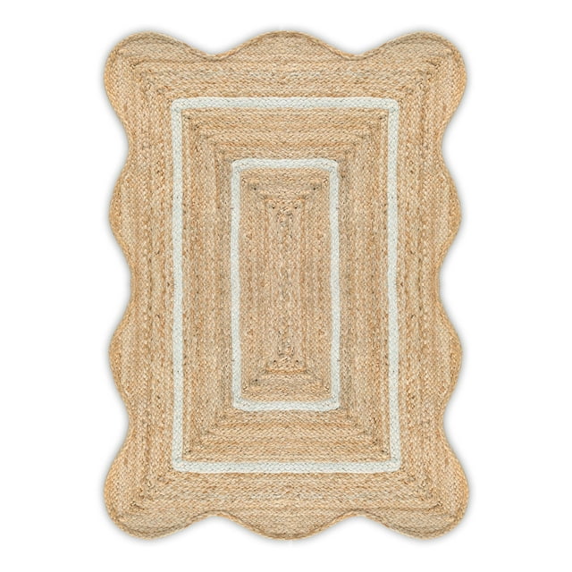 Alfombra Village Wave, yute natural festoneado, color blanco roto, 60 x 90 cm