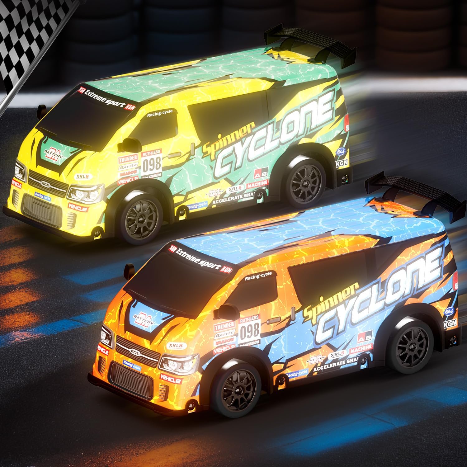 LC-dolida RC Drift Car, 1:24 Scale 4WD High Speed Remote Control Truck, 2.4GHz Drift Van with LED Lights & Cool luminous car shell,Yellow Cyan Off-Road Drifting RC Toy Gift for Boys Kids Ages 7-14