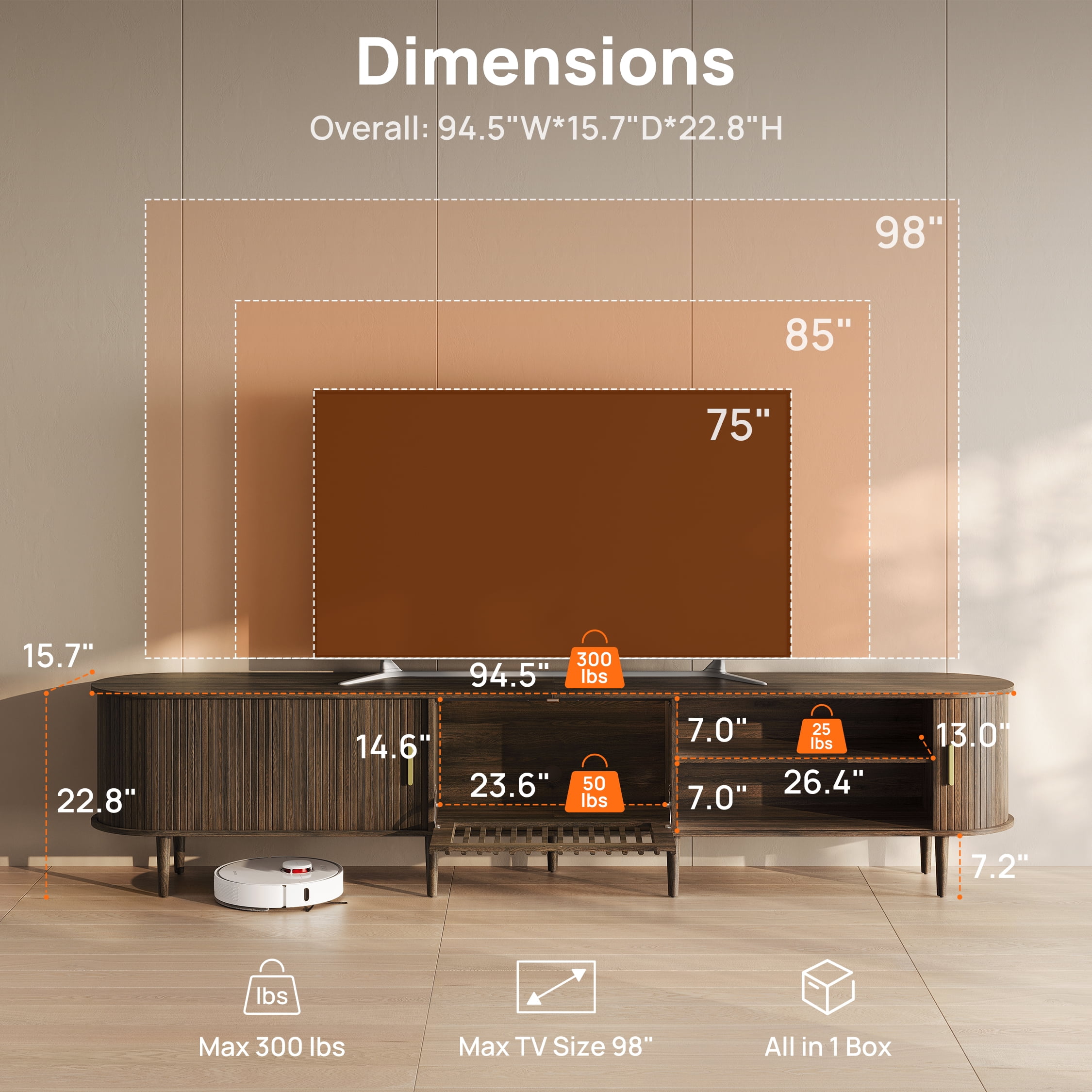 CHIC HOUSE 95" Extra Long TV Stand for 85/90/98/100" TVs with LED Light, Mid-Century Modern Entertainment Center with Storage Shelves & Sliding Tambour Door, Walnut