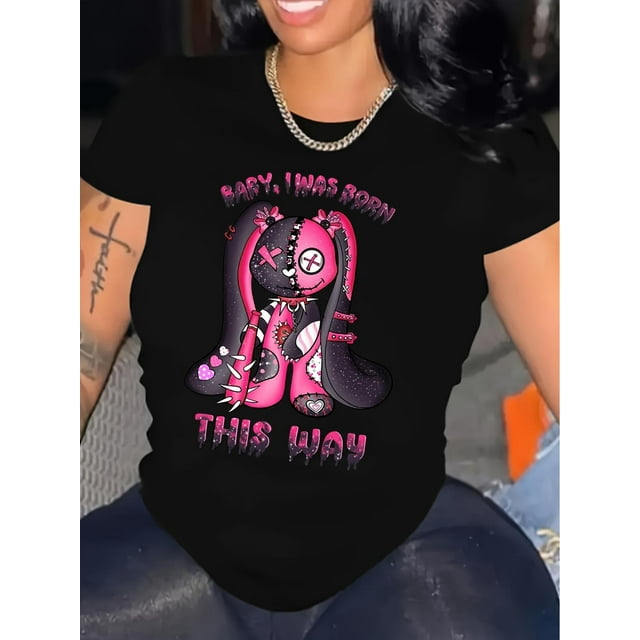 Camiseta informal elegante para mujer: cuello redondo suave, estampado de letras, corte regular, tejido de punto para todo tipo de clima, transpirable, cómoda y versátil para uso diario. Ideal para de