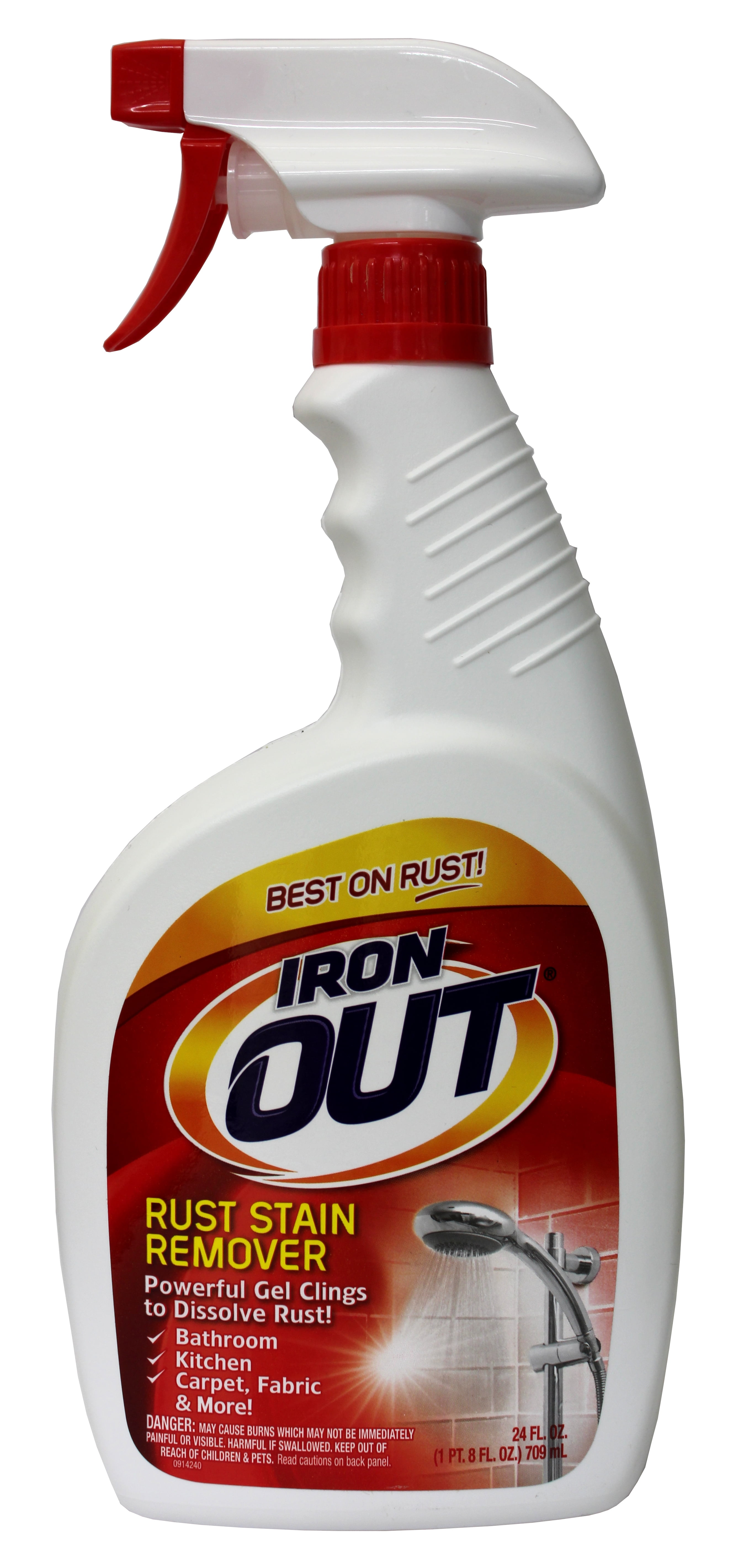 I tried everything I knew of to get these stains off (iron out bath for  days, CLR, muriatic, textile gun). Then I tried Whink rust stain remover  for 15 minutes, here are