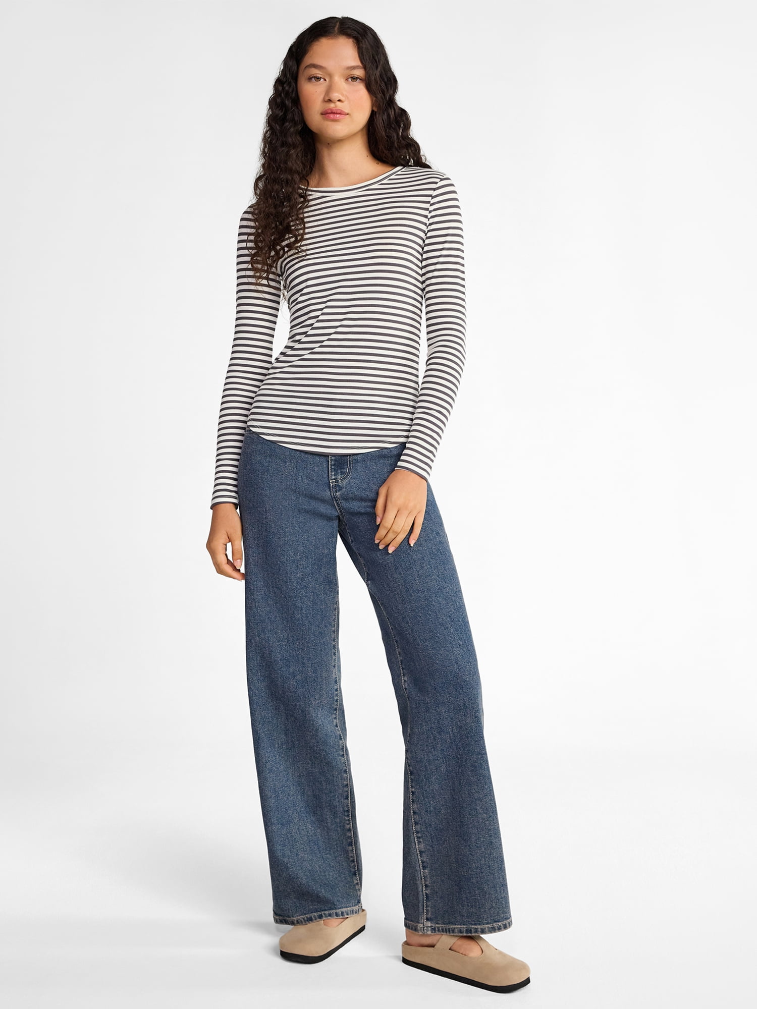 No Boundaries Ribbed Crewneck Tee with Long Sleeves, 1 or 2-Pack, Women's & Women's Plus XXS-XXL