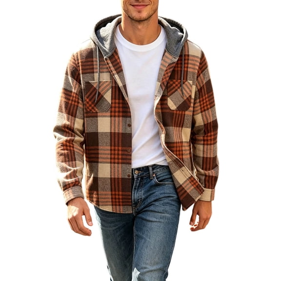 JIAYUE Men Hooded Sweatshirt Button Down Plaid Flannel Long Sleeve Hoodie Coat for Fall Winter Outdoor Sport