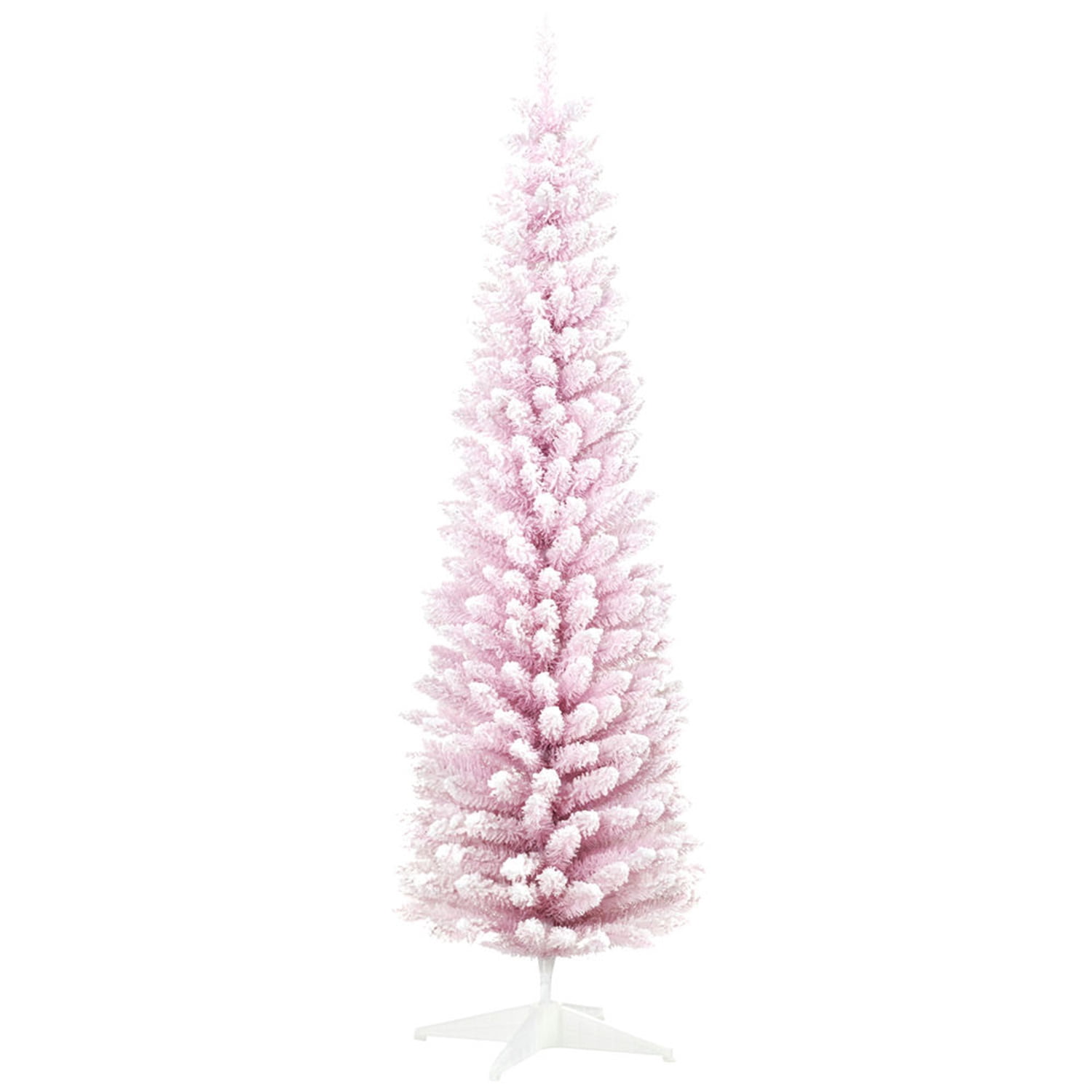 Hommoo Decorations,7' Snow Flocked Artificial Pencil Christmas Tree, Slim Xmas Tree with Realistic Branches and Plastic Base Stand for Indoor Decoration,Pink