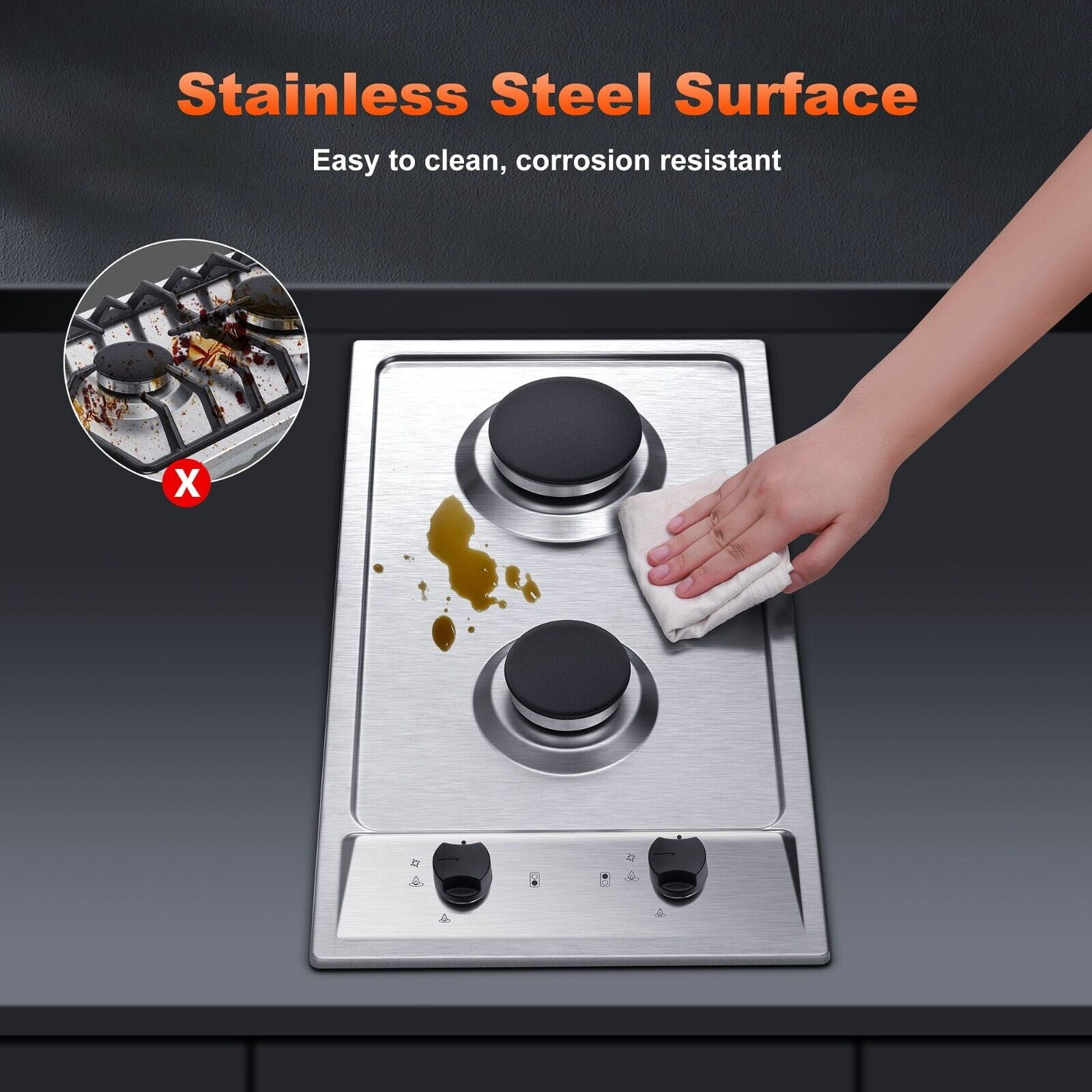2-Burners Gas Cooktop 12 inch Stainless Steel Kitchen Gas Hob NG/LPG Convertible Built-In Integrated