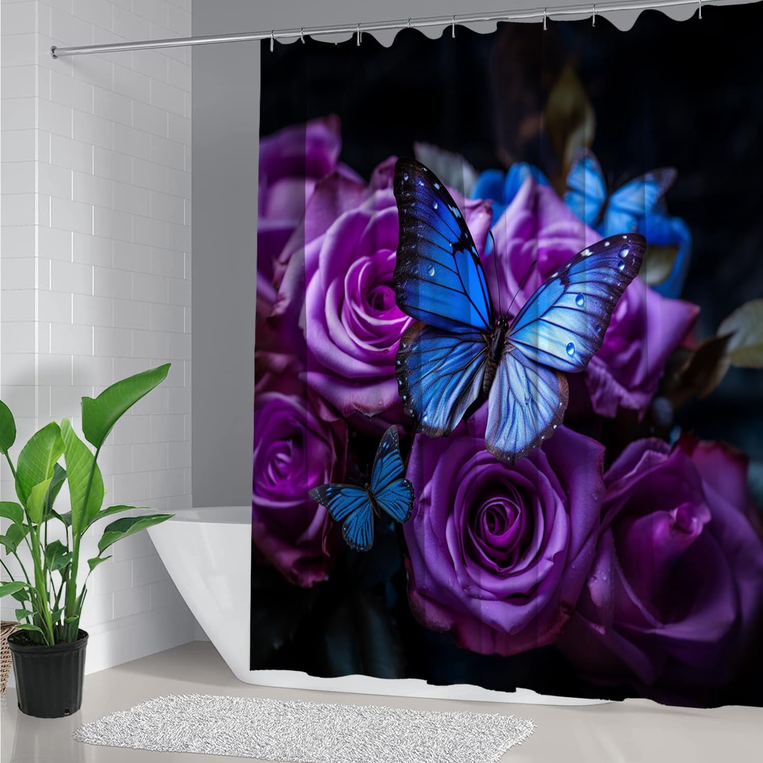 Bathroom Sets with Shower Curtain and Rugs, Toilet Lid Cover, Bath Mat, 4PCS Purple Rose Butterfly Shower Curtains for Bathroom, Romantic Flower Shower Curtains Set for Bathroom Decor