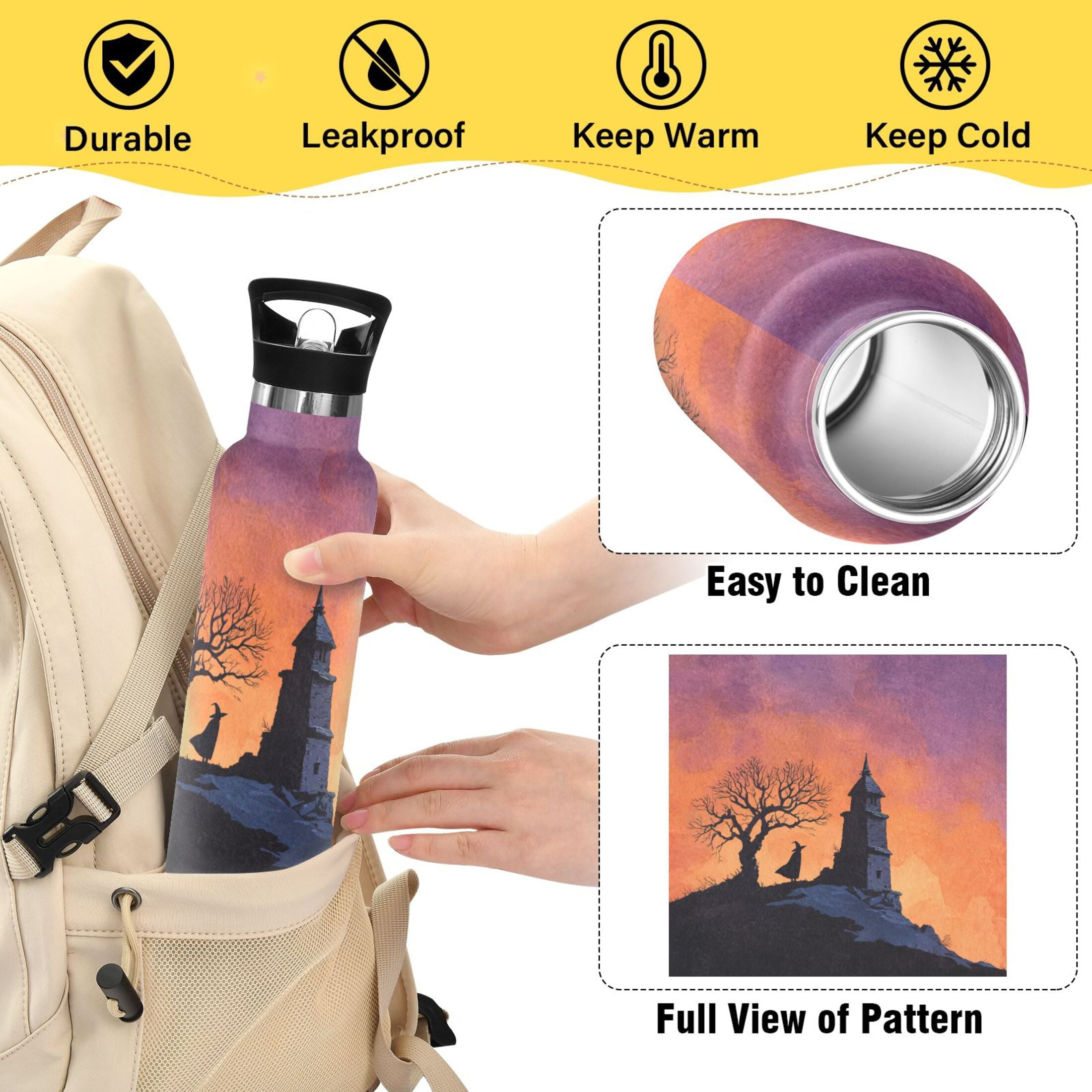 600ML Stainless Steel Insulated Cup Sports Water Bottle Portable Thermos Cup Water Glasses Insulated Tumblers Convenient and Durable Beautiful Halloween Night