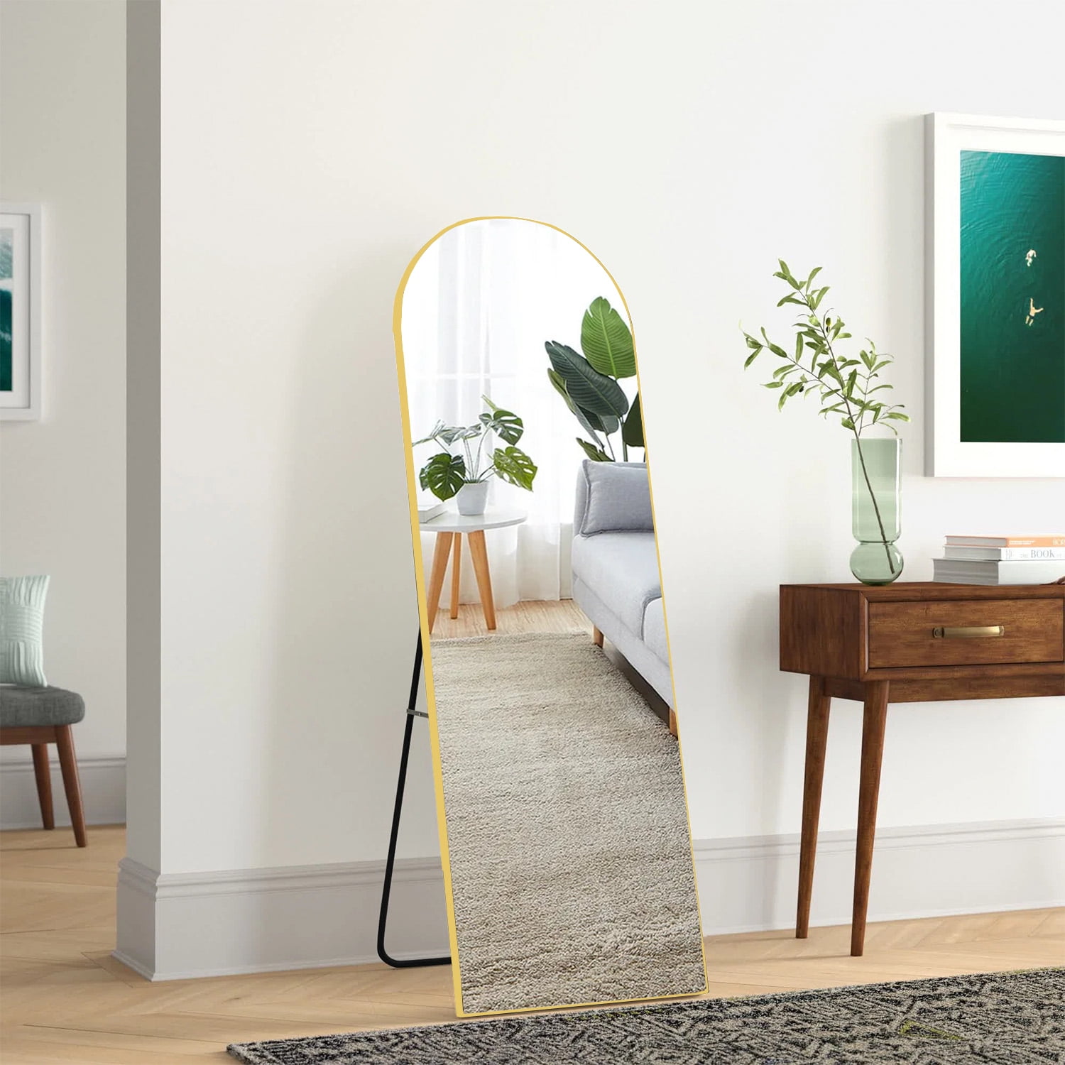 59"x16" Arched Full Length Mirror Full Body Floor Mirror with Stand for Bedroom Cloakroom, Gold  (图3) 59"x16" Arched Full Length Mirror Full Body Floor Mirror with Stand for Bedroom Cloakroom, Gold  (图3)