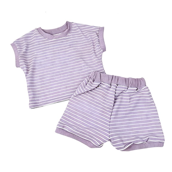 LIIPEE Girls Outfit Sets Casual Summer Stylish Striped Printed Short Sleeve Crew Neck T Shirt Elastic Waist Sporty Shorts 2 Piece Set Kids Comfortable Breathable Cute Clothing,Purple,7-8 Years
