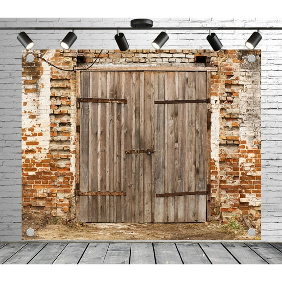 7x5ft Rustic Backdrop Wooden Door with Brick Wall Photo Backdrop Vintage Background for Theme Party Wedding Birthday Baby Shower Decoration Banner Photo Booth Props