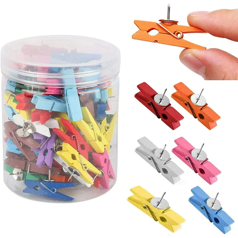 50 PCS Push Pin with Wooden Clips, Durable Wooden Push Pins Clips,  Decorative Thumb Tacks, Push pins for Cork Board, Photos, Craft Projects,  Offices and Homes : : Office Products
