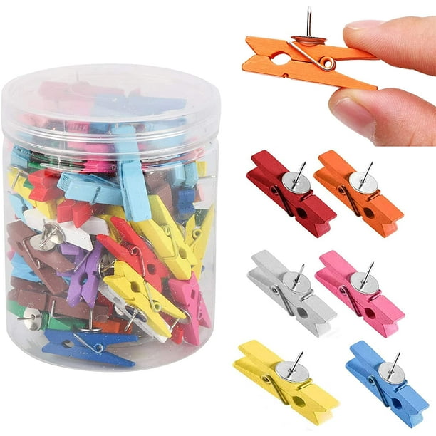 Whataatahia 30 PCS Chinchetas con Clips de Madera, Chinchetas de Madera Duraderas, Chinchetas Decorativas, Chinchetas para Tableros de Corcho, Obras de Arte, Notas, Fotos, Proyectos de Manualidades,