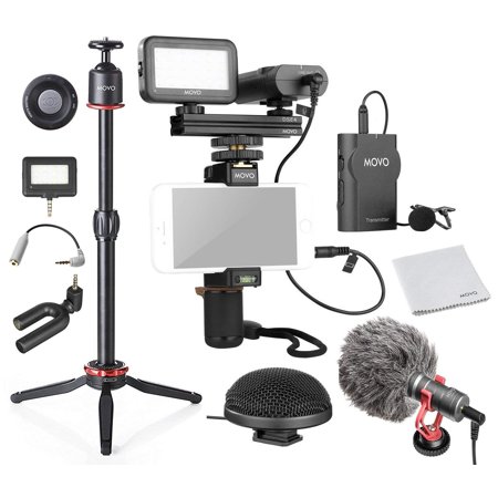 UPC: 0817711021282 | Movo PhonevideoKIT8 Huge Smartphone Video Kit V8 With Grip Rig  Wireless/shotgun/mini & 360 Degrees Stereo Microphones  16 & 30 Led Lights  Pro Mini Tripod & Remote – For Iphone 6  7  8  X  Samsung Ga