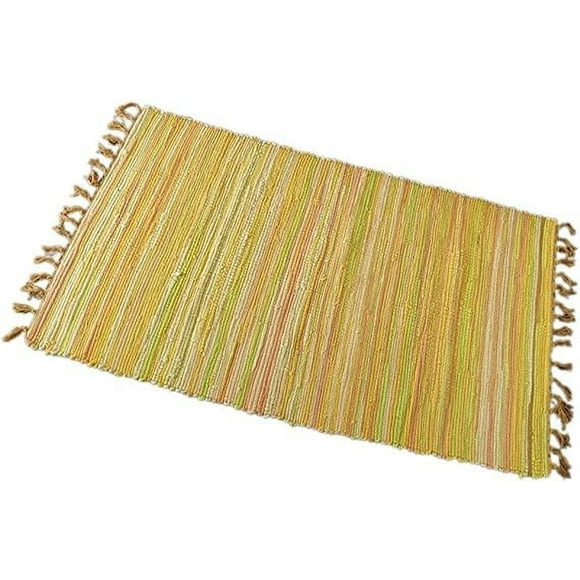 XmhyTop Rag Rug, Machine Washable Cotton Reversible Rag Rug Hand Woven Multi Color Striped Area Rug Floor Rugs (20" x 31", Yellow)