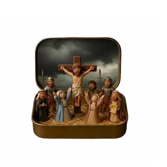 Mini Easter & Christmas Crucifixion Nativity Set in Tin Box, Resin Religious Figurines for Holiday Decor & Gifts