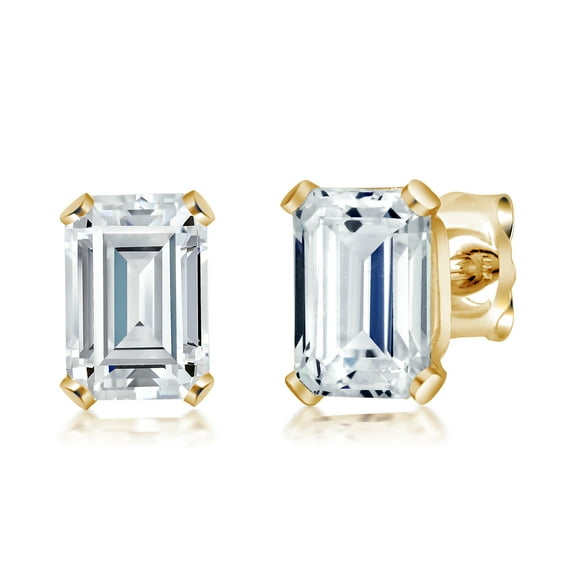 Gem Stone King 18K Gold Plated Silver White Cubic Zirconia CZ Earrings | 2.50 Cttw | Emerald Cut 6X4MM | Gold Earrings for Women Men