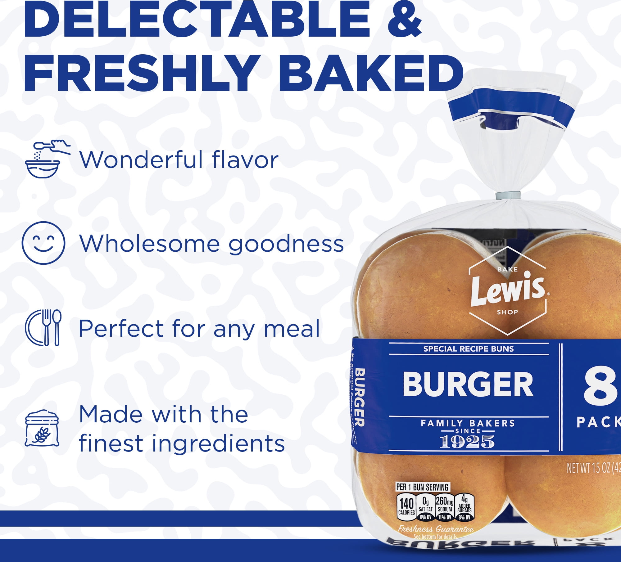 Lewis Bake Shop White Burger Buns, Fresh Soft 8 Pack