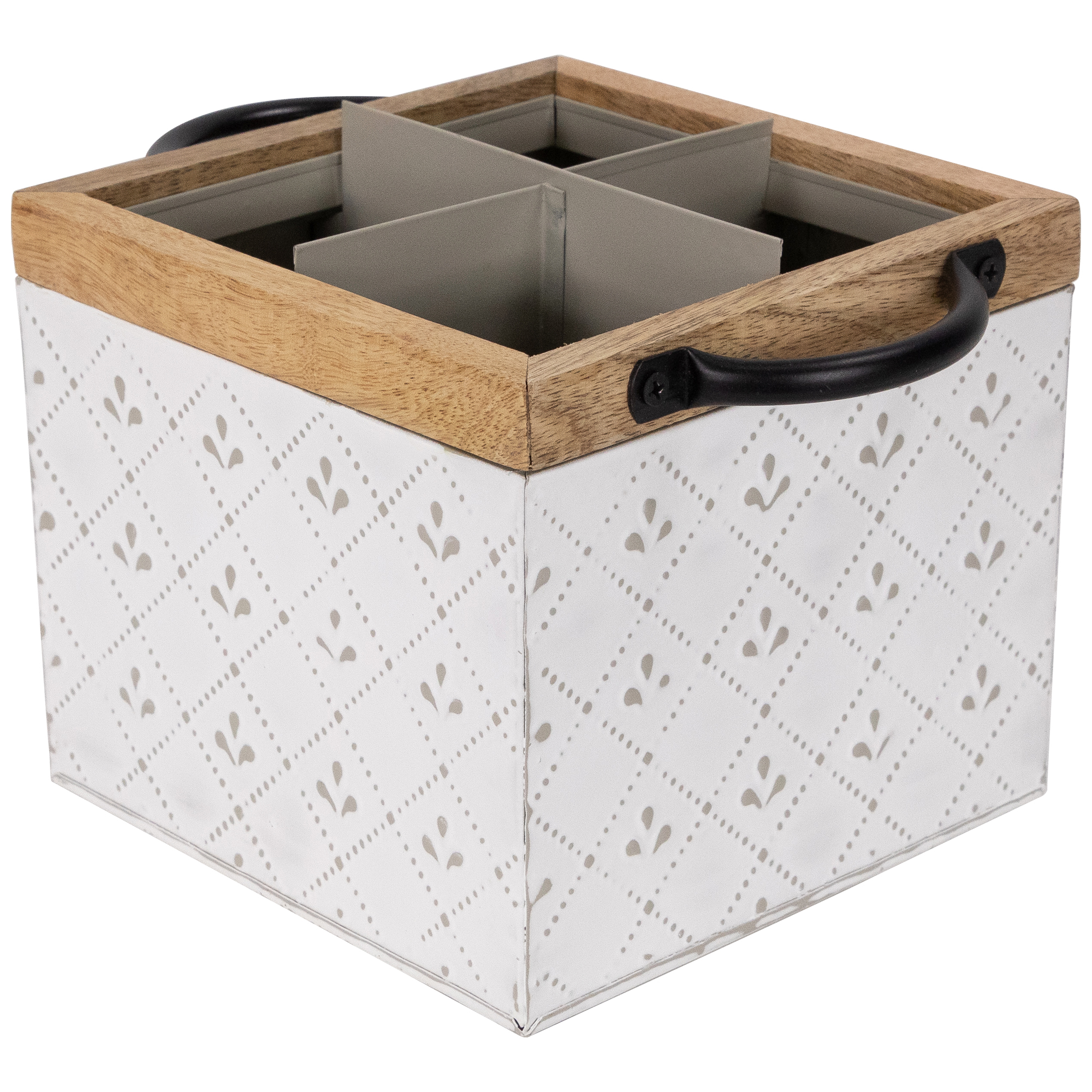 Northlight 7" White Embossed Square Utensil Storage Box with Wooden Frame