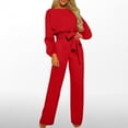 thumbnail image 2 of BangWanChi 2 Piece Sets for Women Fall Women'S Fall/Winter Solid Color Long Sleeved Crew Round Neck Jumpsuit With Belt Jumpsuit Pans, 2 of 5
