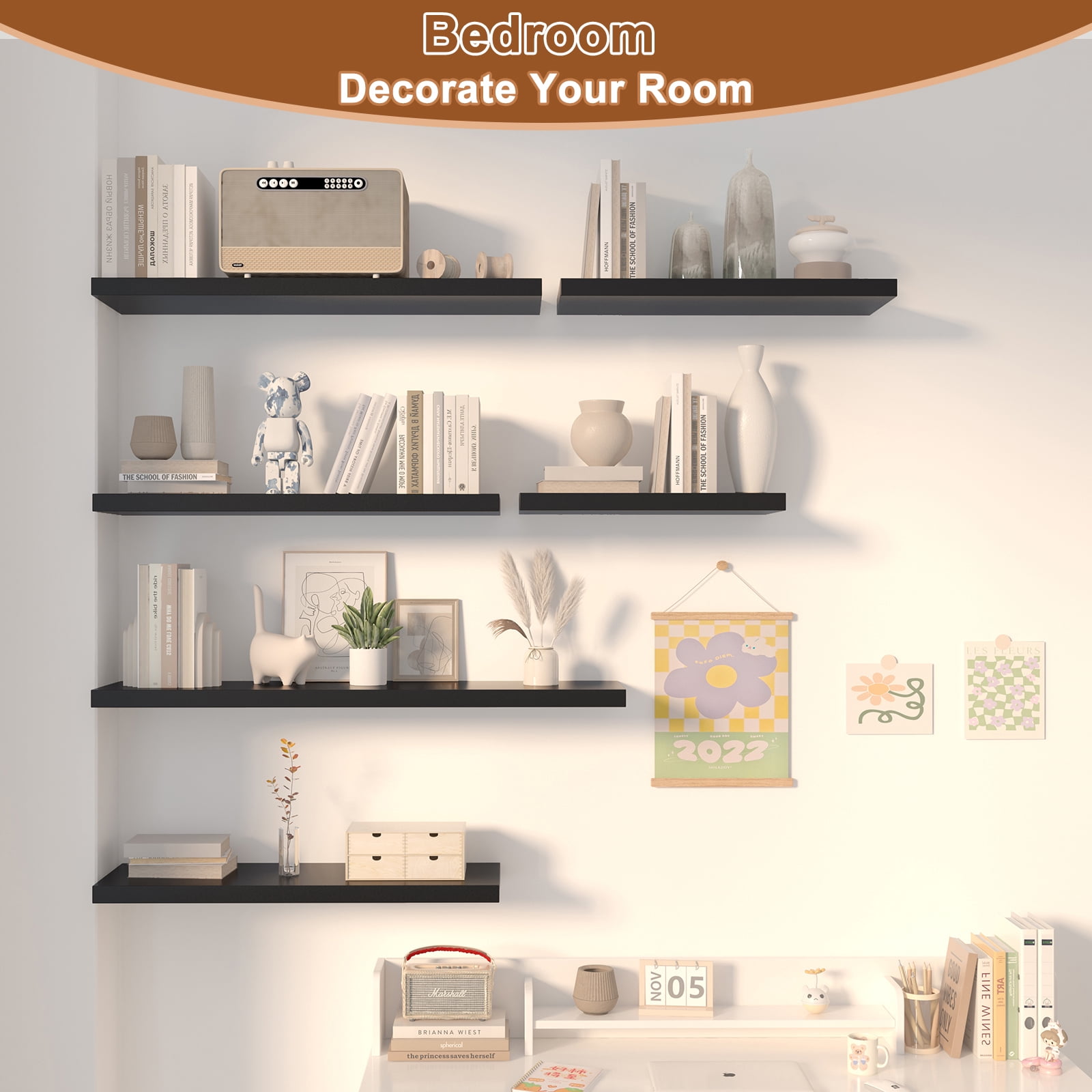 Dumekko Large Floating Shelves for Wall Set of 2 Wooden Wall Shelves 24 in x 10 in x 1 in Room Decor Long Shelf with Invisible Wall Mount Bracket for Bedroom, Kitchen, Living Room, Black